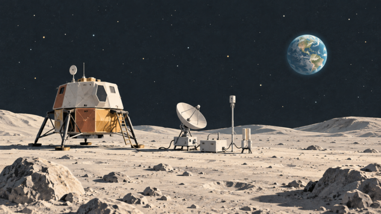 Lunar lander and communications equipment sit on the Moon with Earth in the sky.