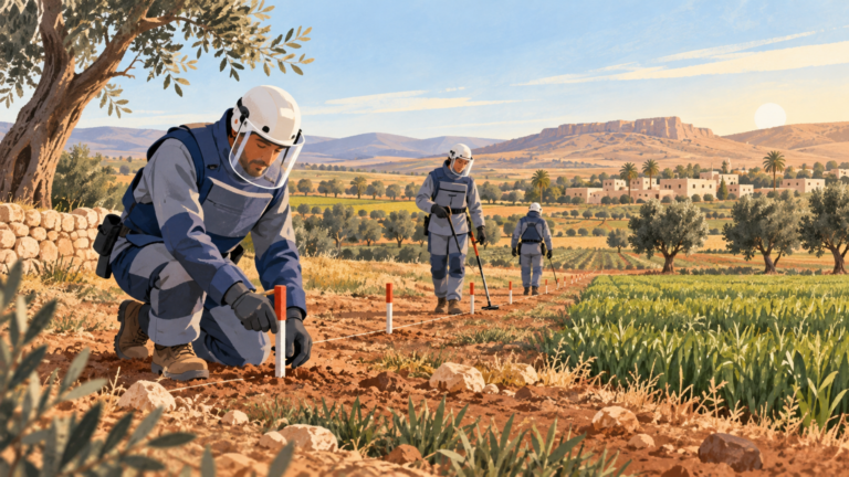 Mine-clearance workers mark a safe rural path through farmland.