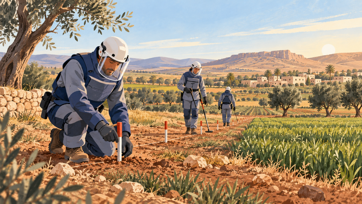 Mine-clearance workers mark a safe rural path through farmland.