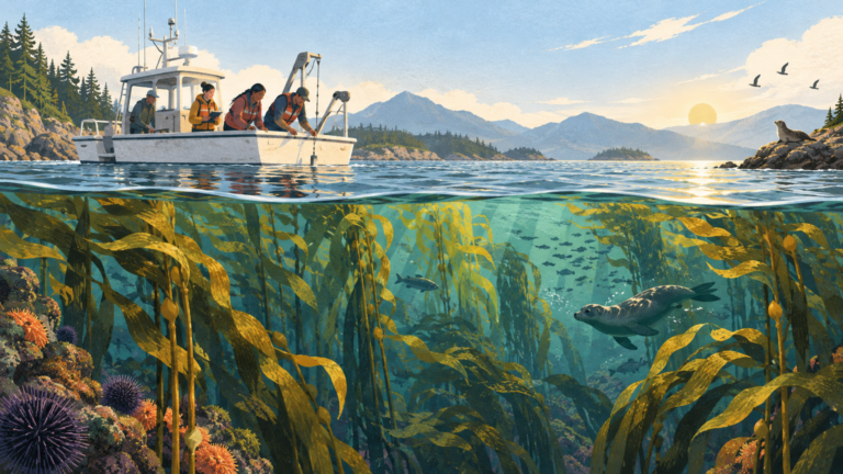 Kelp forest beneath clear coastal water with a small research boat above.