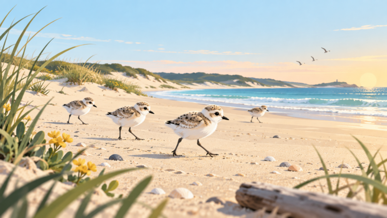 Small snowy plover chicks moving across open coastal sand with distant dunes