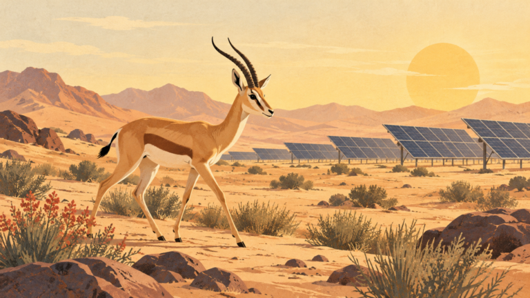 Sand gazelle moves through desert habitat near solar panels.