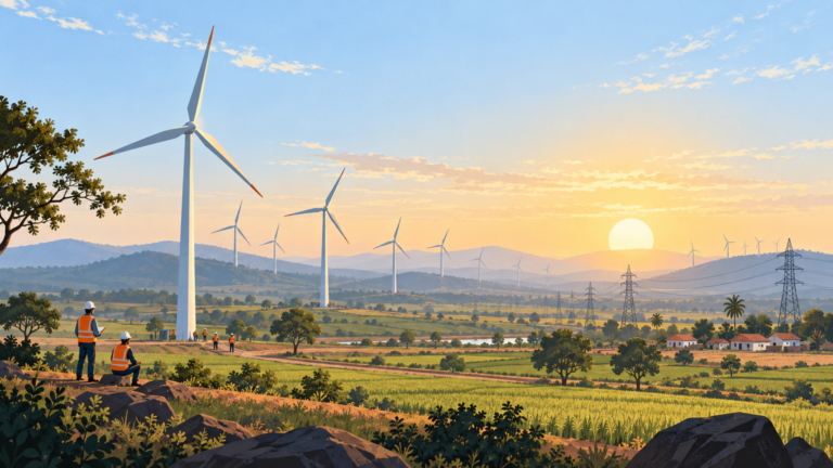 Wind turbines across an Indian landscape at sunrise, with workers and transmission lines kept subtle
