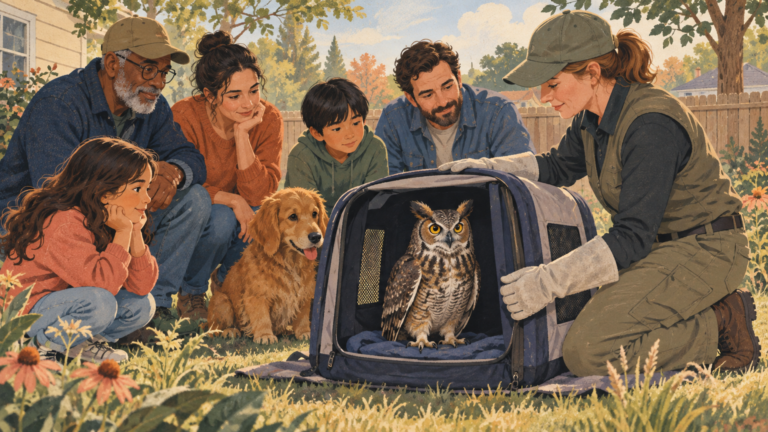 Neighbors and a wildlife professional help a safely contained owl.