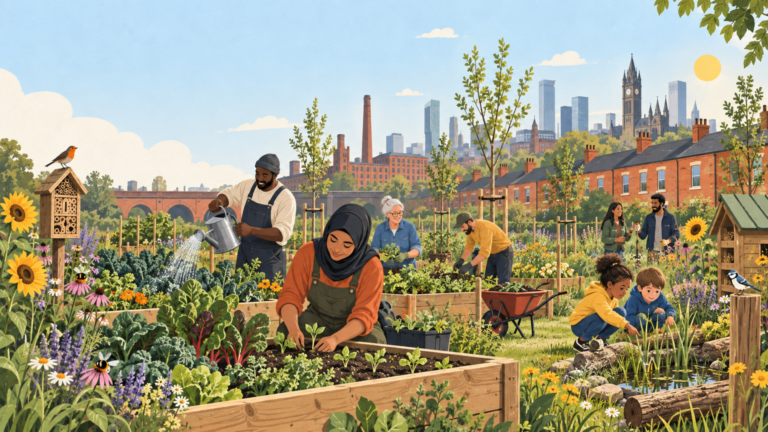 Urban farm beds, young trees, and neighbors working together against a city backdrop