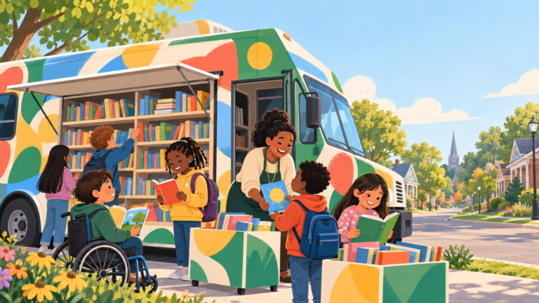 Colorful mobile book bus with children choosing books outside