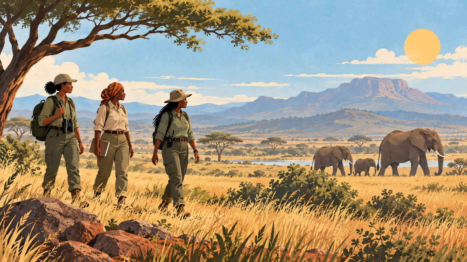 Women conservation workers walk near elephants at a respectful distance.