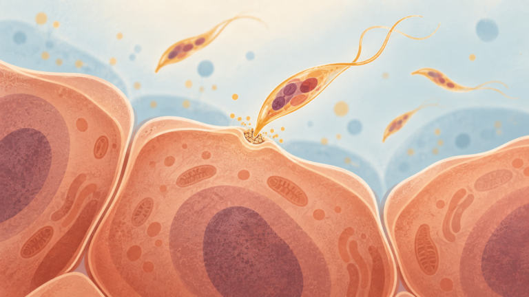 Scientific illustration of malaria parasites and liver cells, accurate and non-sensational