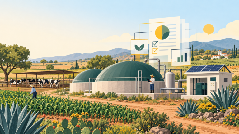 Biogas facility integrated with agricultural landscape, with a simple registry/document motif