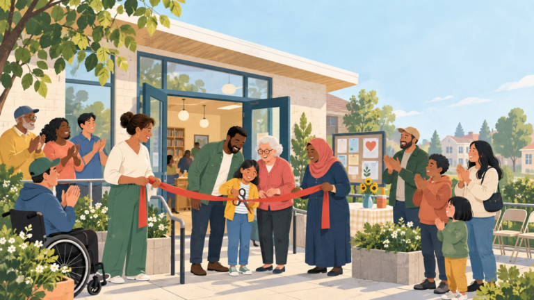 Neighbors gathered outside a modest, welcoming community center at its opening