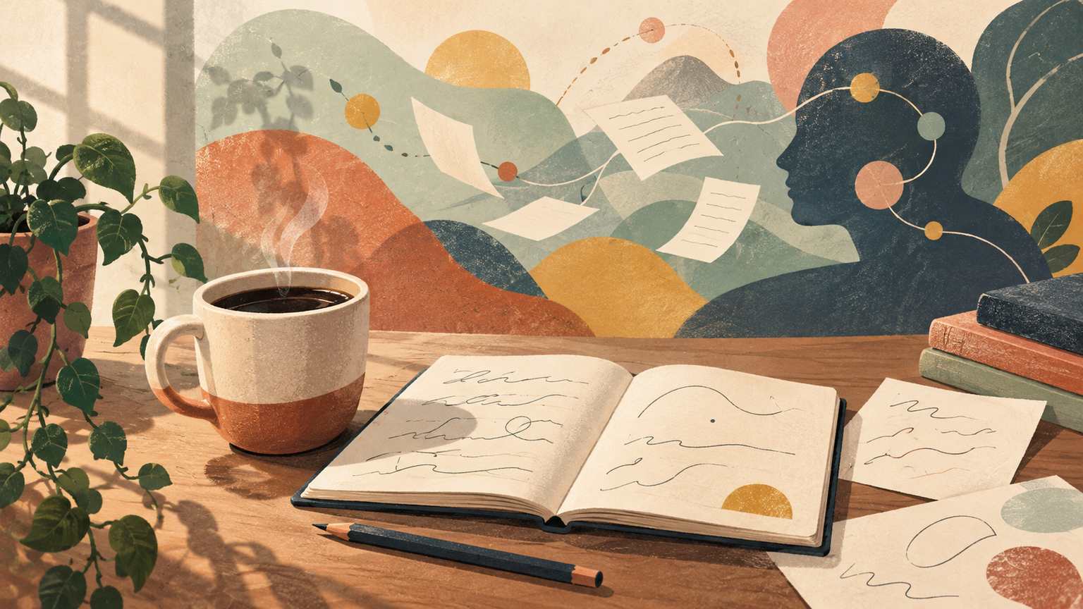 Cup of coffee rests beside a blank study notebook and abstract memory shapes.