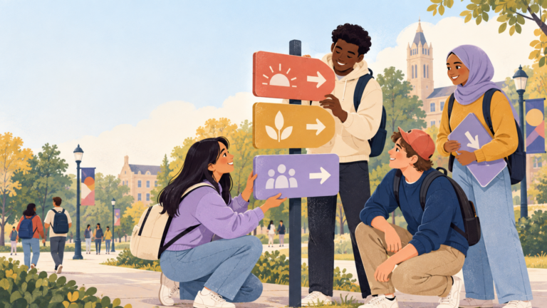 Student-designed campus wayfinding with a simple supportive sign motif; do not reproduce the actual 988 signage or include crisis imagery