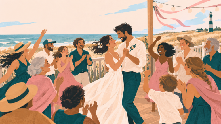 Two newlyweds dance with a welcoming crowd on a windblown island deck, turning a disrupted wedding into a community celebration.