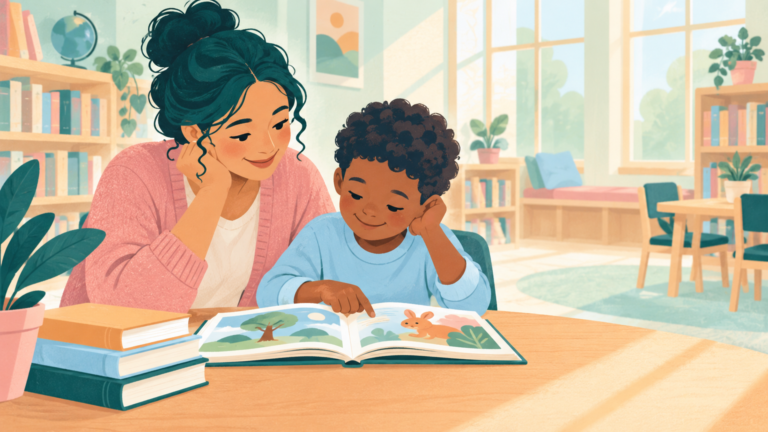A child reads with a caring adult volunteer at a sunlit library table.