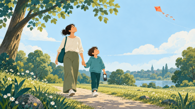 A child and parent walk outdoors while a simple phone supports connection and the child looks up at the world.