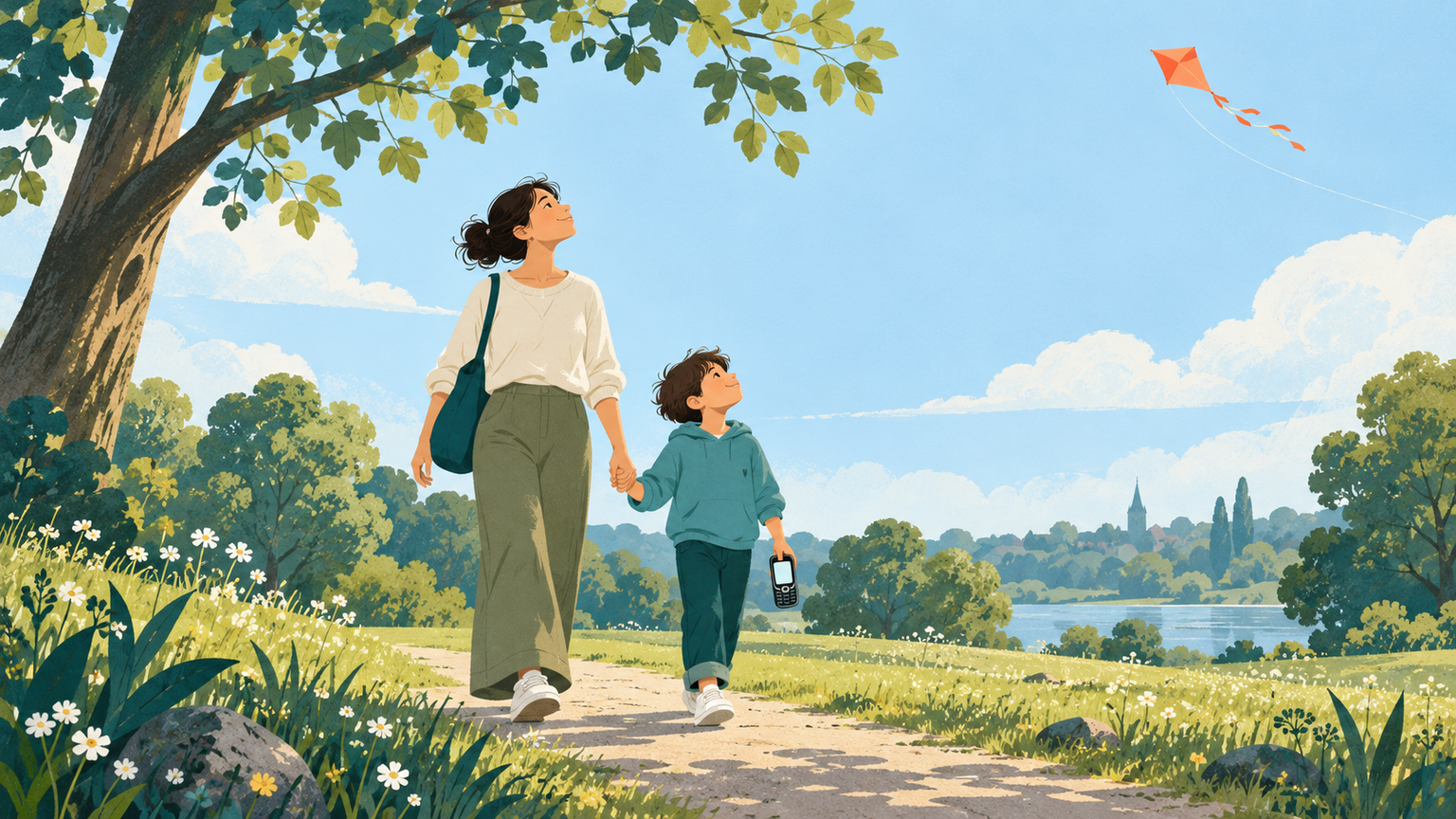 A child and parent walk outdoors while a simple phone supports connection and the child looks up at the world.