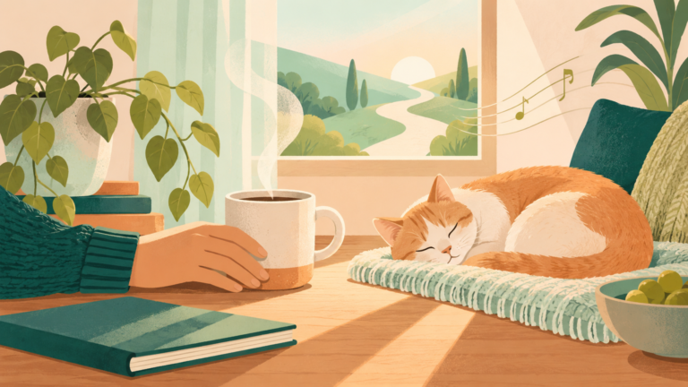 A warm still life gathers small attachments to life: a mug, pet, plant, sunlight, and a path of light.