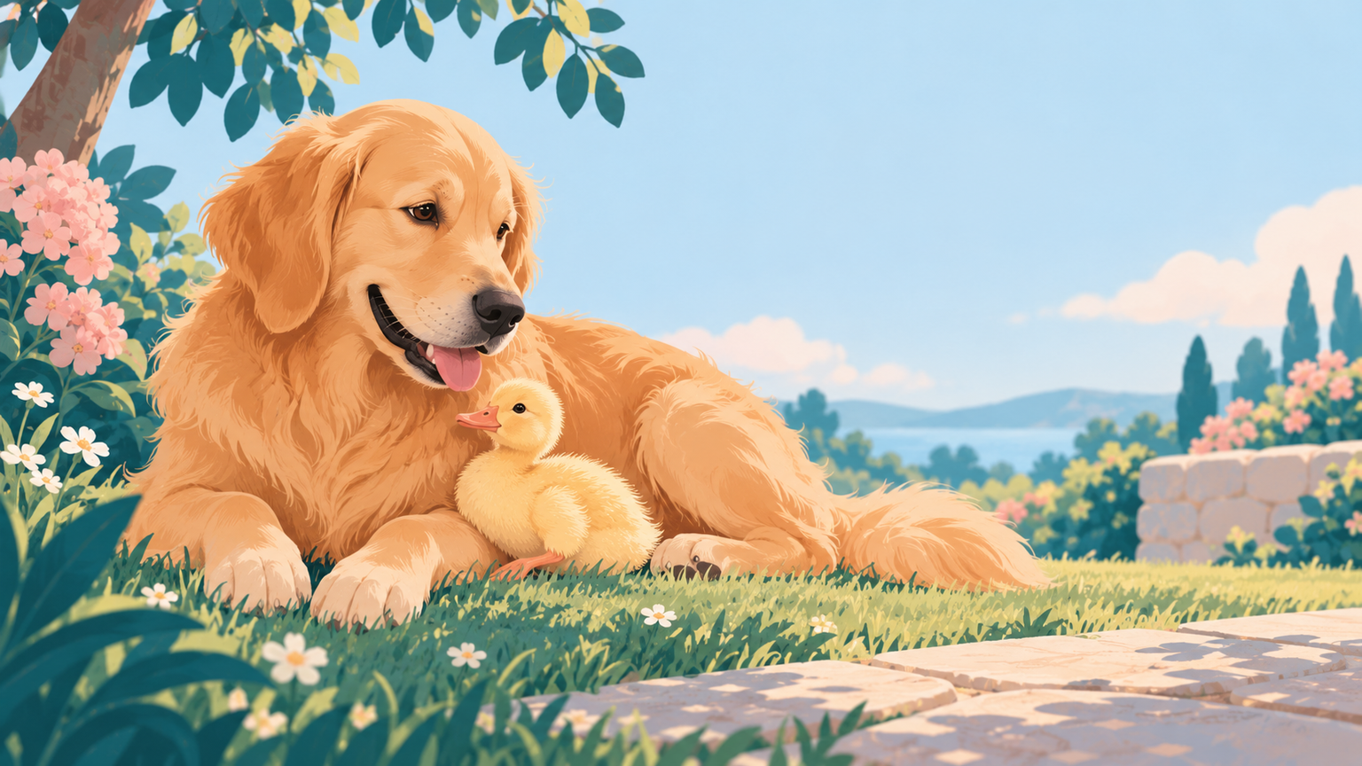 A golden retriever and a tiny duckling rest together in a sunlit garden.