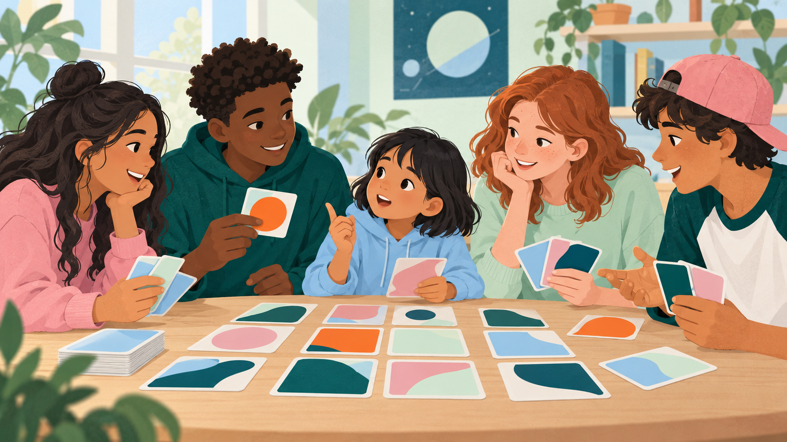 Teenagers and a child gather around a blank, abstract strategy game to make difficult science approachable.