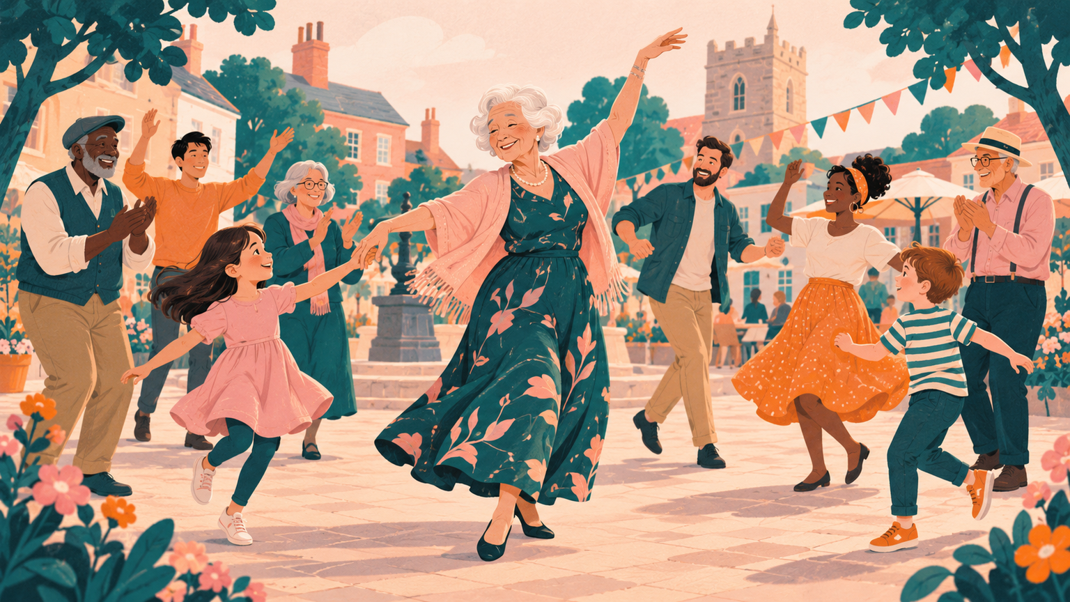 A centenarian leads older and younger neighbors in a joyful community dance.