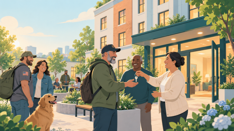 A renovated former hotel opens as warm permanent homes where veterans greet neighbors.