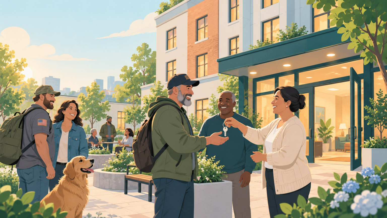 A renovated former hotel opens as warm permanent homes where veterans greet neighbors.