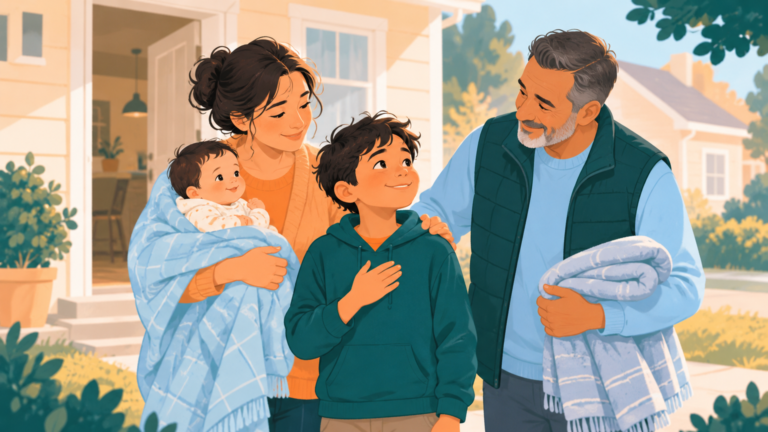 A child stands safely with family and a neighbor after alerting them to danger.