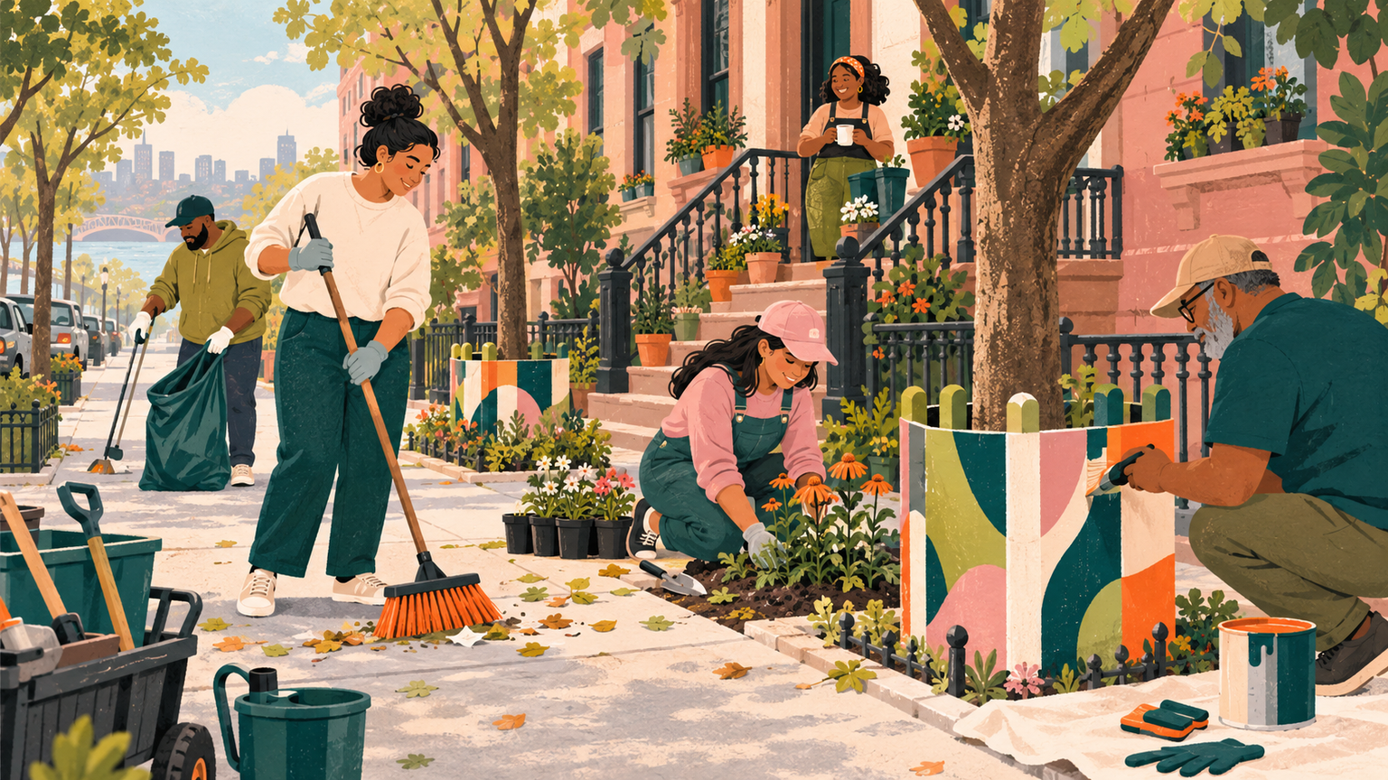 Neighbors cleaning and beautifying a New York City block with flowers, painted tree guards, and shared tools.