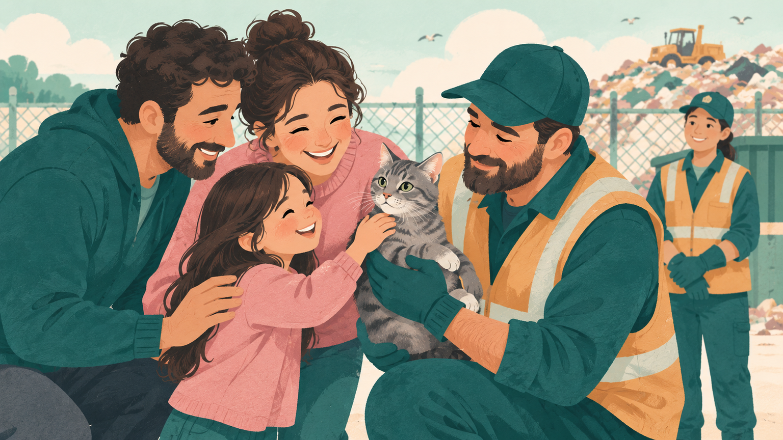 A rescued cat reunited with its relieved family while a landfill worker stands nearby.