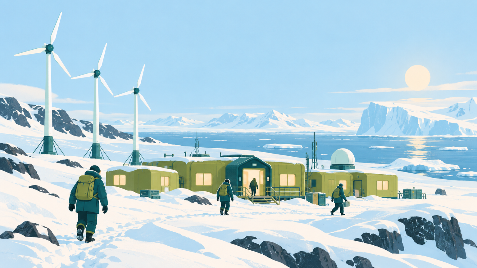 Three wind turbines power a remote Antarctic research station.