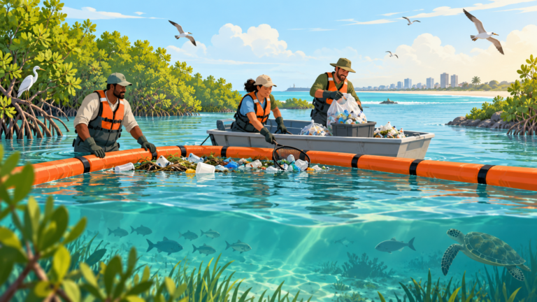 Workers collect river waste behind a floating barrier before it reaches the sea.