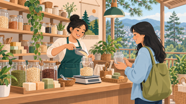 A shopkeeper and customer refill unmarked jars in a welcoming neighborhood shop.
