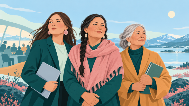 Three Sami women leaders stand together in a northern landscape.