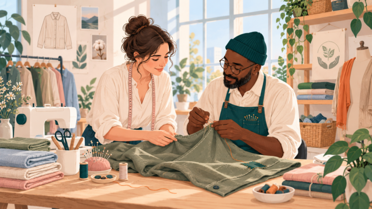 A designer and tailor make durable clothing in a sunlit studio.