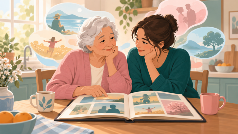 An older adult and younger family member share a warm conversation over an unmarked photo album.