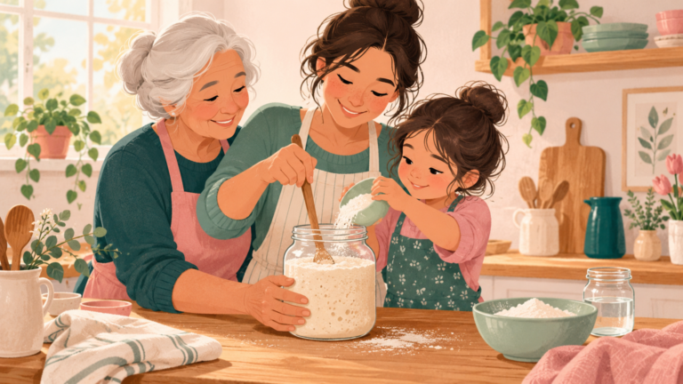 Three generations tend a blank jar of sourdough starter together.