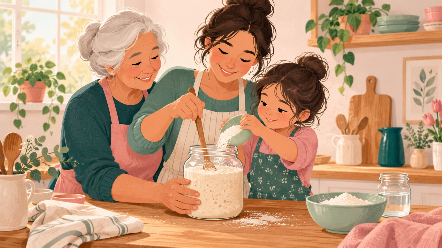 Three generations tend a blank jar of sourdough starter together.