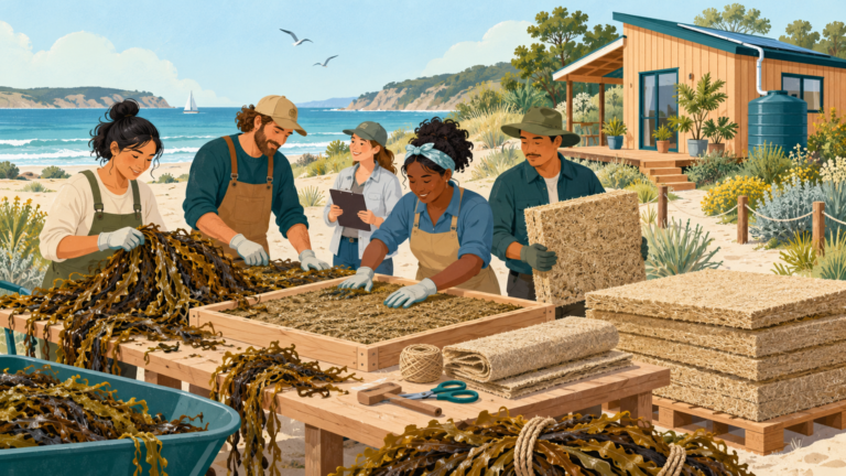 Builders shape seaweed fibers into panels beside a resilient coastal home.
