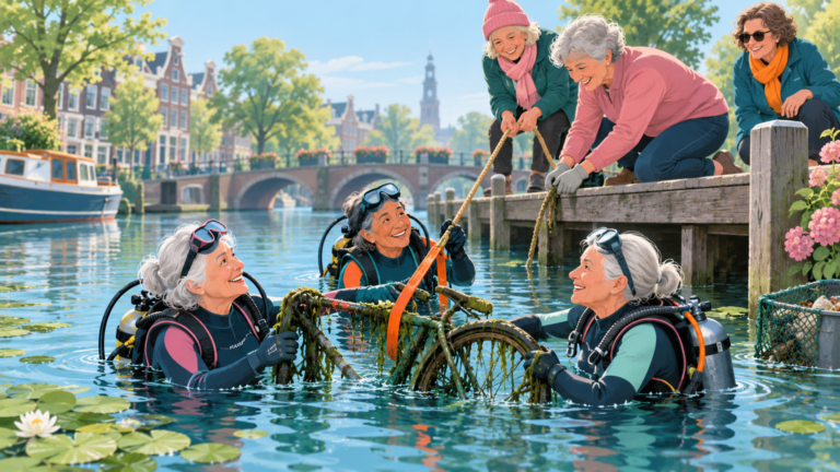 Older women remove garbage from a Dutch canal while friends help from a dock.