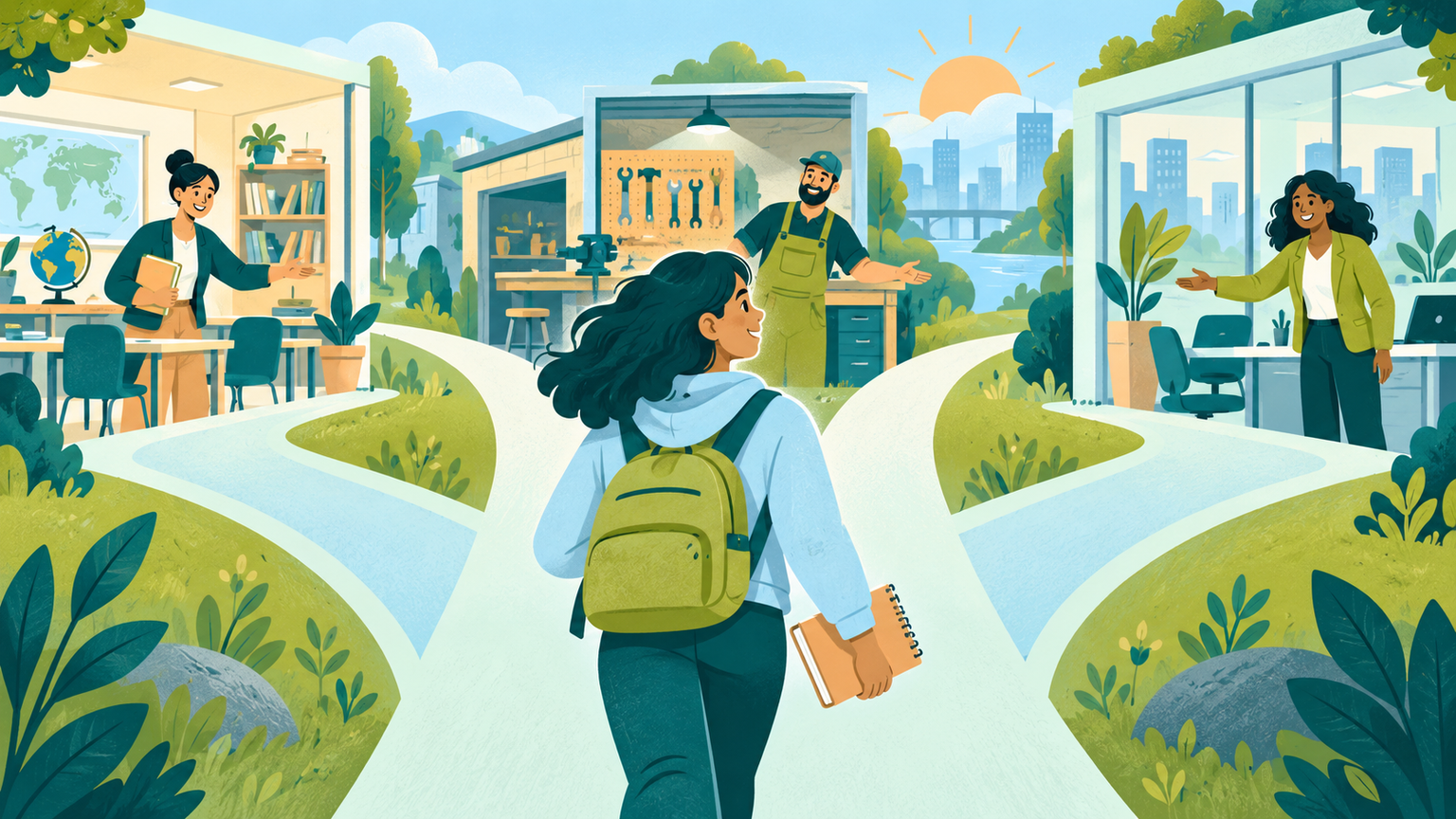A young person moves between a classroom, workshop, and welcoming workplace.