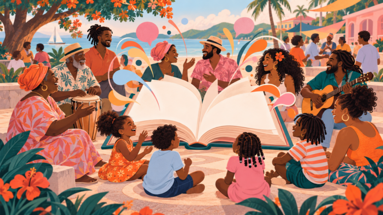 A Caribbean community gathering shares speech and music around an open unmarked dictionary form.