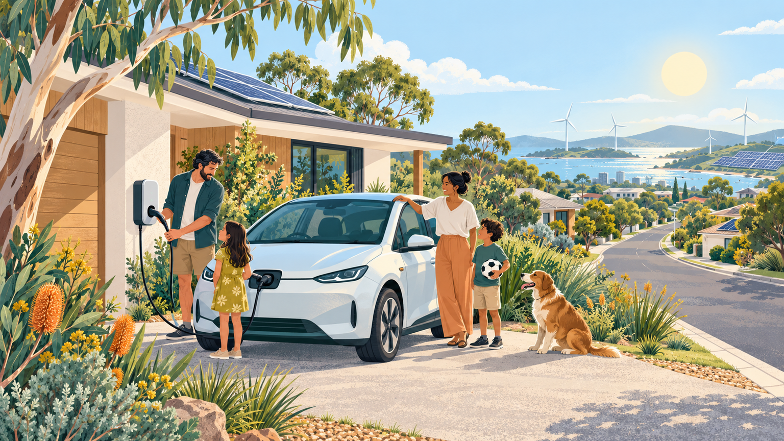 A family charges an electric car beside a suburban home on a road toward a cleaner horizon.