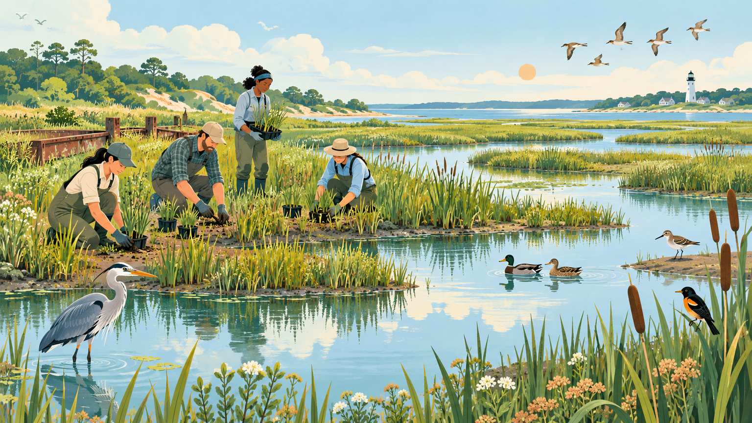 Scientists and local partners restore a cranberry bog into a wetland with reeds and birds.