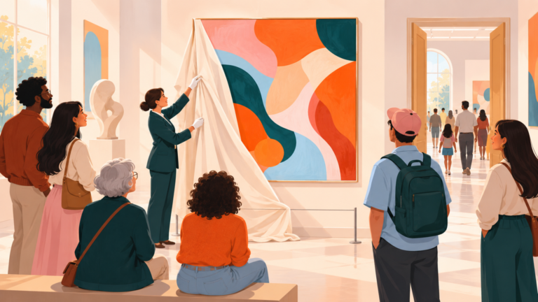 A curator and visitors view an abstract painting in a bright gallery open to more people.