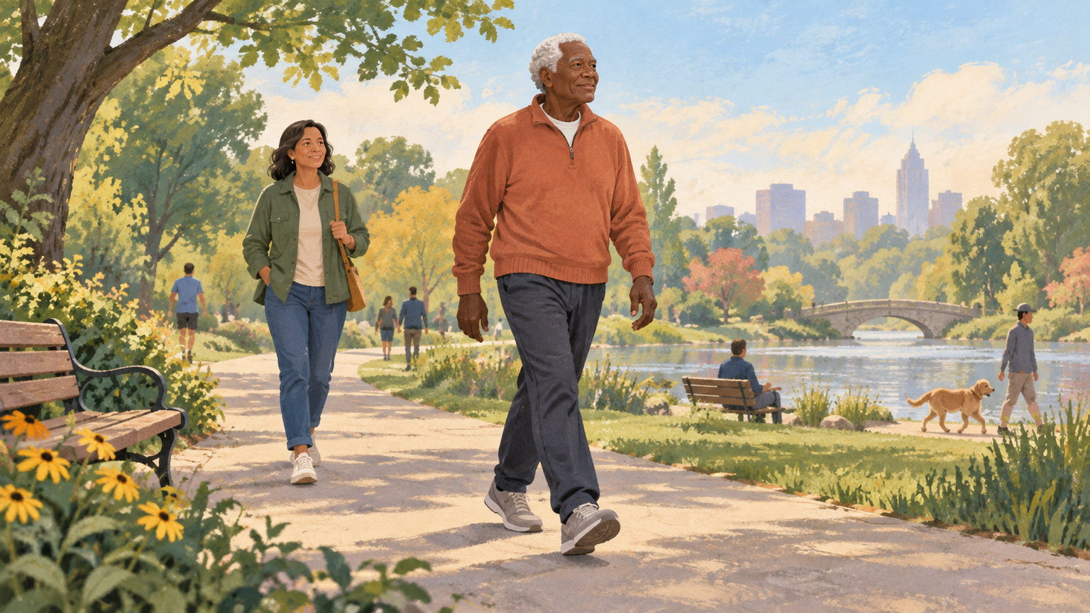 Adult walks steadily through a park with dignity and support.