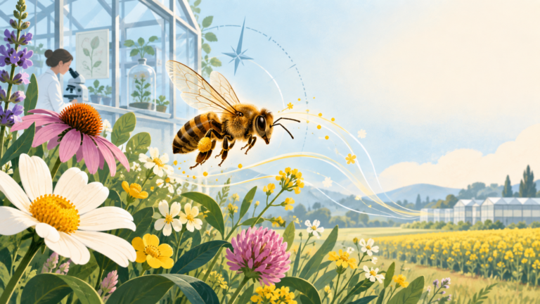 Honey bee moving between flowering plants and a research setting, with gentle visual cues suggesting scent and navigation; no pesticide labels or text
