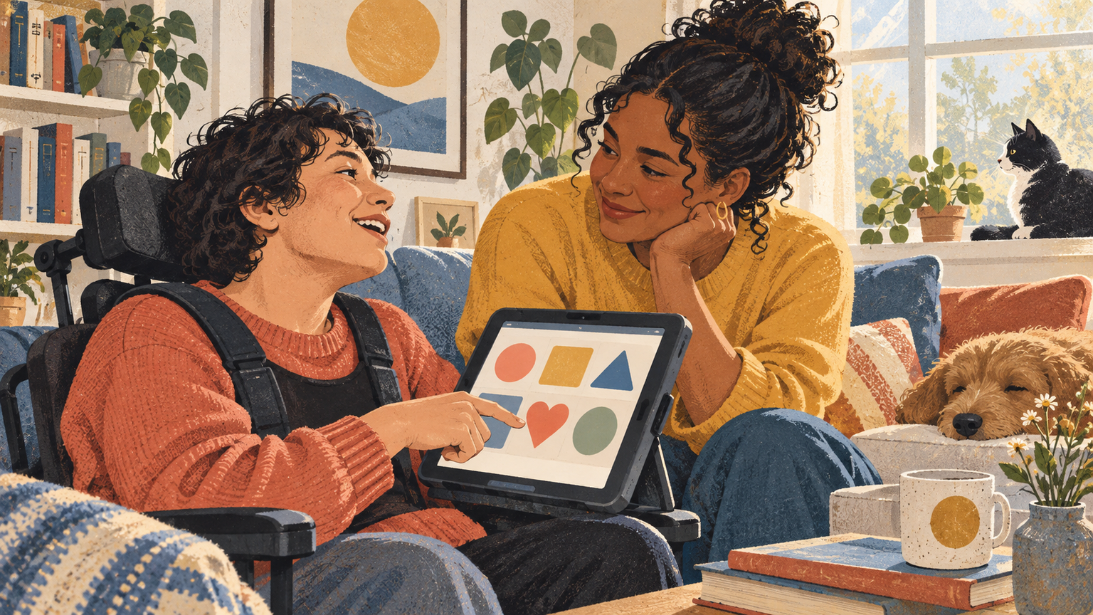 Person communicates through assistive technology while a loved one listens.