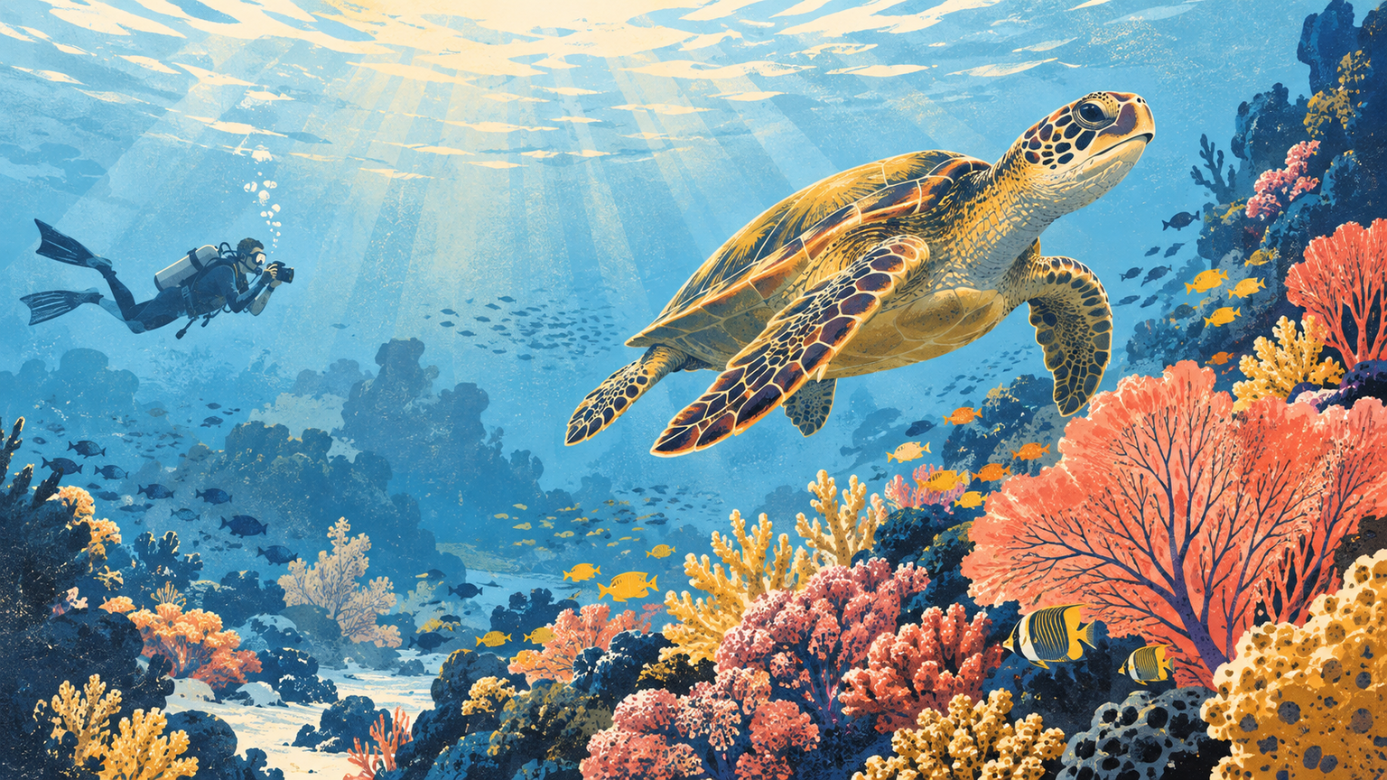 Photographer observes a sea turtle and coral underwater from a respectful distance.