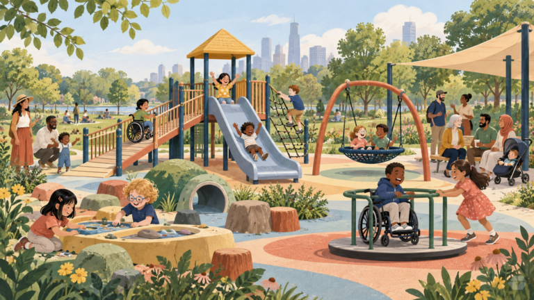 Inclusive playground in a green park, showing varied play equipment without visible branding