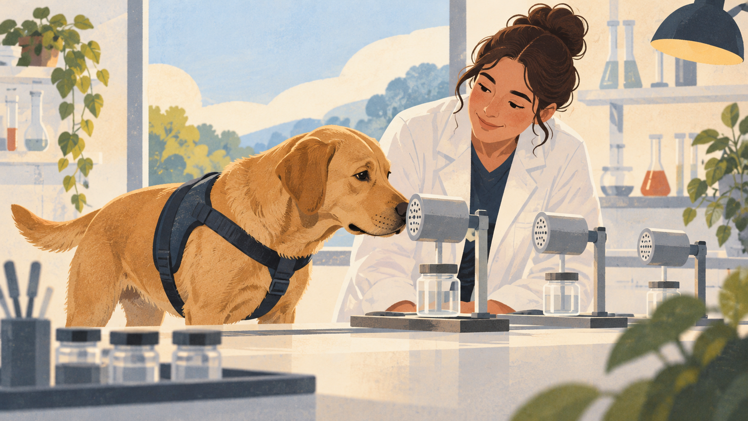 Working dog and handler examine an abstract research station.